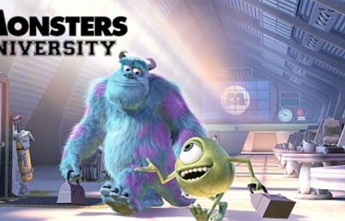 Une scène du film Monsters, Inc. et le logo de Monsters University