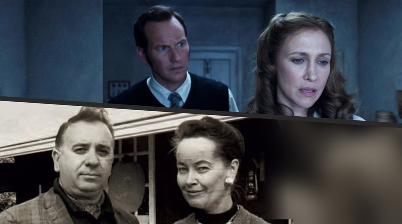Une scène du film The Conjuring et une photo du couple Ed et Lorraine Warren